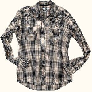 Rock 47 Wrangler Tribal Western Plaid Pearl Snap Collared Shirt Brown Size Large